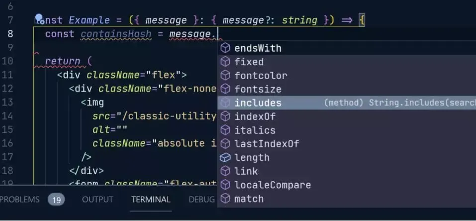 TypeScript shows autocomplete options for all the functions that can be used on strings.
