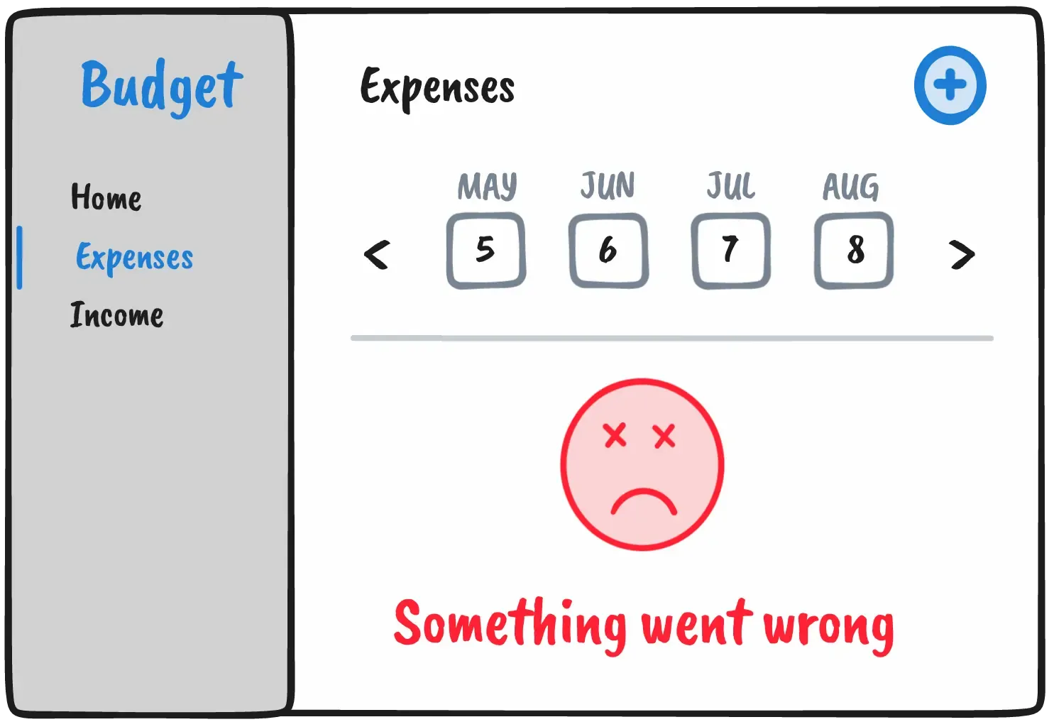 An example budget app with an error. Only a section of the page is blocked by the error - the user is free to interact with everything else.