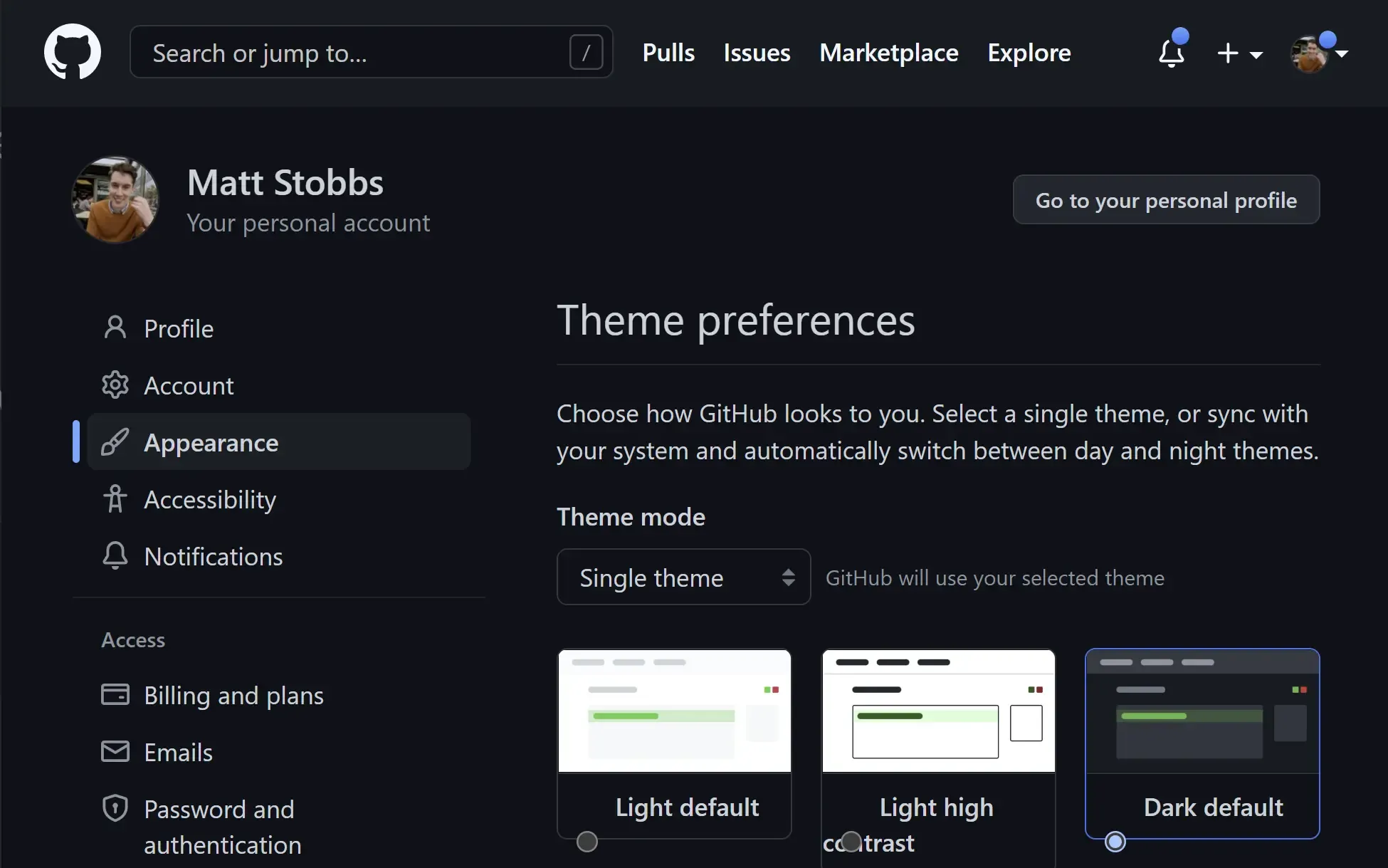 The appearance settings page of GitHub.