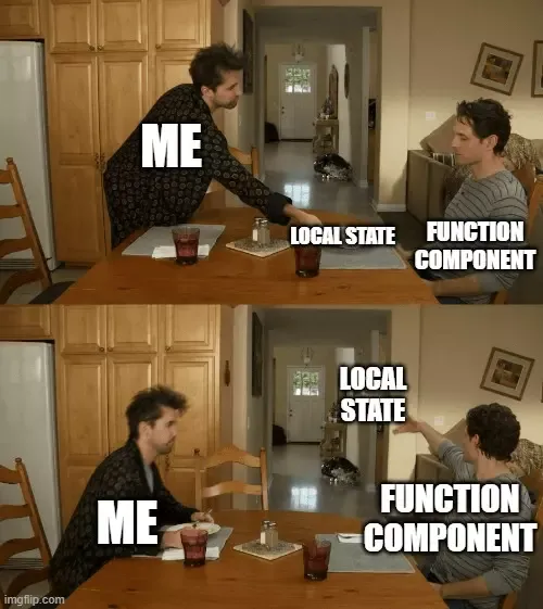 React throws away local state after each render of a function component (without hooks)